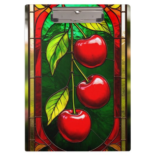 Helle rote Kirschen und grüne Blätter Klemmbrett (Vorderseite)