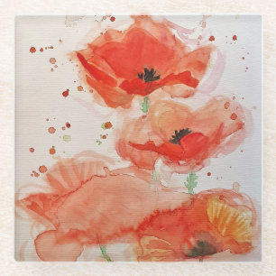 Helle rote Mohnblumen Aquarell-Blumen Floral Glasuntersetzer