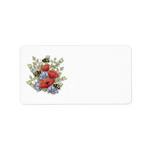 Helle rote POPPIEN, blaue Blumen, Bienen Adressaufkleber
