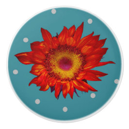 Helle rote Sonnenblume auf blauem Keramikknauf