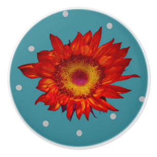 Helle rote Sonnenblume auf blauem Keramikknauf