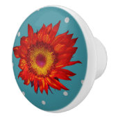 Helle rote Sonnenblume auf blauem Keramikknauf (Rechts)