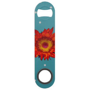 Helle rote Sonnenblume auf blauem Speed Flaschenöffner