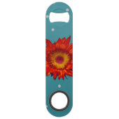 Helle rote Sonnenblume auf blauem Speed Flaschenöffner (Vorderseite)