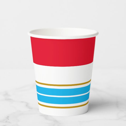 Helle rote Top Sky Blue Racing Streifen auf weiß Pappbecher (Rückseite)