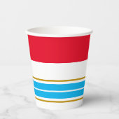 Helle rote Top Sky Blue Racing Streifen auf weiß Pappbecher (Vorderseite)