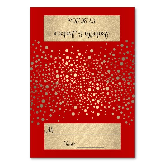 Helle rote und goldene Konfetti-Punkte - Hochzeit Tischnummer (Vorderseite)