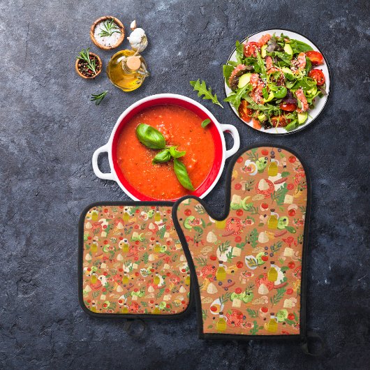 Helle, schöne Salatzutaten, orange-braun Ofenhandschuh & Topflappen-Set