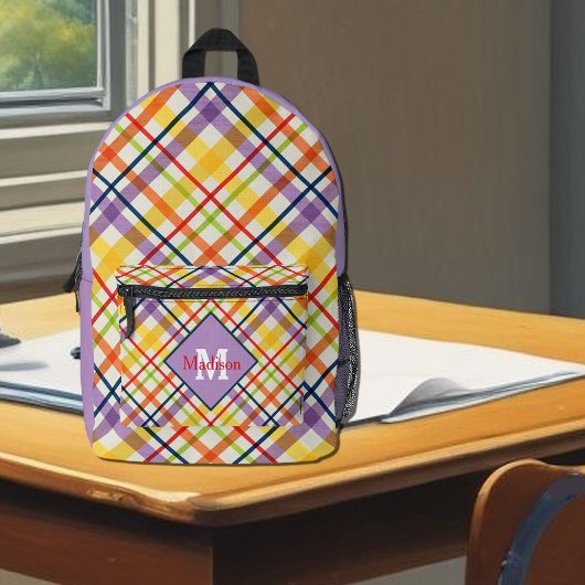 Helle Schulkariert lila Monogramm Bedruckter Rucksack