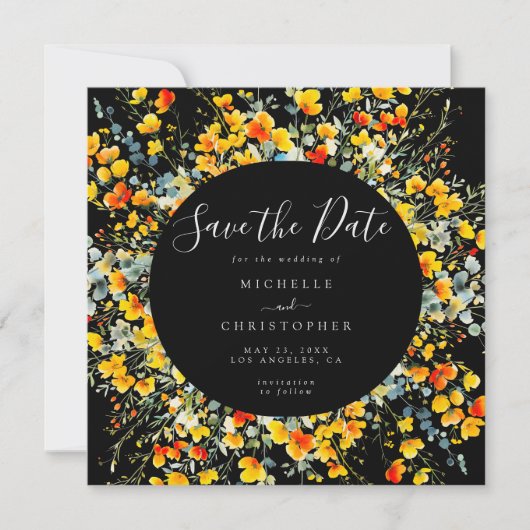 Helle Schwarze Flora Square Hochzeit Save The Date (Vorderseite)