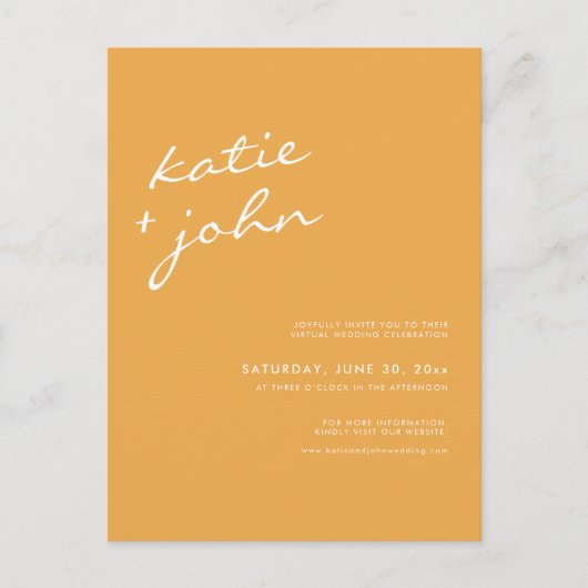 Helle Senf-Gelb-Minimalistische Virtual Wedding Einladungspostkarte (Vorderseite)
