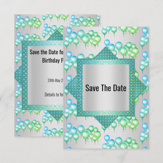 Helle silbergrüne Ballon-Save-the-Date-Einladung Einladung (Vorne/Hinten)