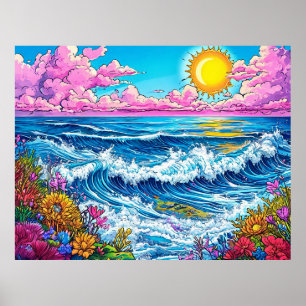 Helle Sonne beleuchtet die Meereswellen Poster