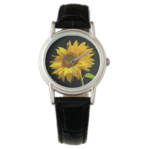 Helle Sonnenblume auf schwarzem Hintergrund Armbanduhr