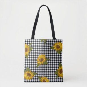 Helle Sonnenblumen auf einem schwarz-weißen Büffel Tasche