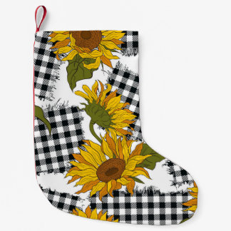 Helle Sonnenblumen-Blume auf karierten Pflastern.  Kleiner Weihnachtsstrumpf
