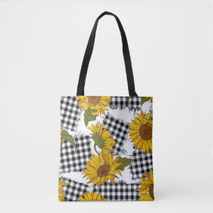 Helle Sonnenblumen-Blume auf karierten Pflastern. Tasche