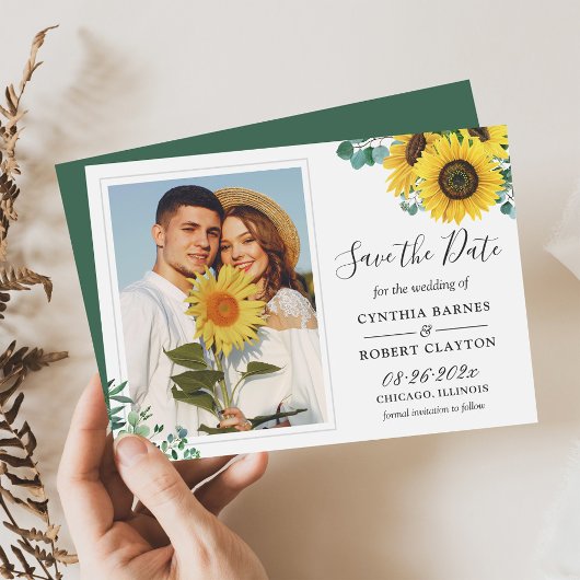 Helle Sonnenblumen Grüne Eukalyptus Foto Hochzeit Save The Date