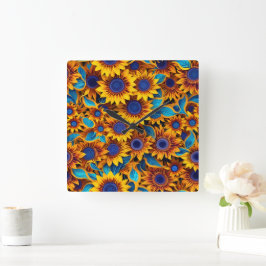 Helle Sonnenblumen-Uhr Quadratische Wanduhr