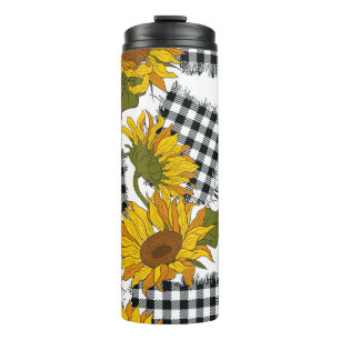 Helle Sonnenblumenblüten auf karierten Flecken. Me Thermosbecher