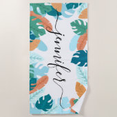 Helle tropische Blätter Personalisierter Name Strandtuch (Vorderseite)