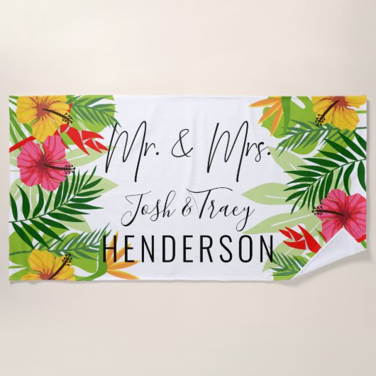 Helle tropische Blume und Blätter Strandtuch (Vorderseite)