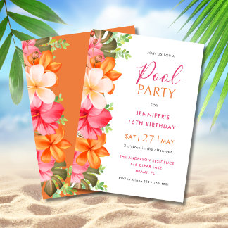Helle tropische Blumen Geburtstags-Poolparty Einladung