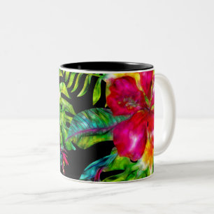 Helle tropische Blüten-Hibiskus-Blätter Zweifarbige Tasse