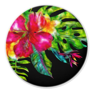 Helle tropische Blüten-Hibiskus- und Blätterfarbe Keramikknauf