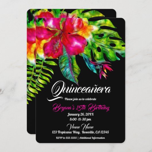 Helle tropische Hibiskus Blätter Quinceañera Einladung (Vorne/Hinten)