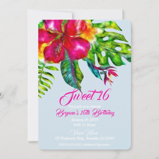 Helle tropische Hibiskus und Blätter Süß 16 Einladung (Vorderseite)
