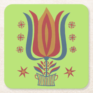Helle Tulpe & Geometric American Folk Art Rechteckiger Pappuntersetzer