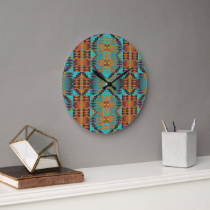 Helle Türkis-Teal-Aqua-Blau-Orange-Stammeskunst Große Wanduhr