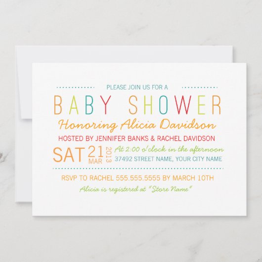 Helle und farbenfrohe Babydusche laden ein Einladung (Vorderseite)