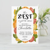Helle und farbenfrohe Citrus Baby Dusche Einladung (Stehend Vorderseite)