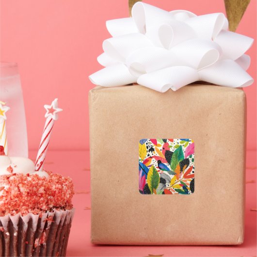 Helle und farbenfrohe Dschungelkunst Quadratischer Aufkleber (Party)