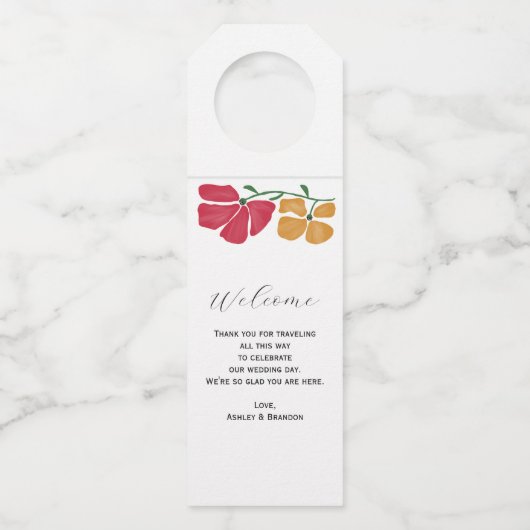 Helle und farbenfrohe Hotelgäste Begrüßung Flaschenanhänger (Vorderseite)