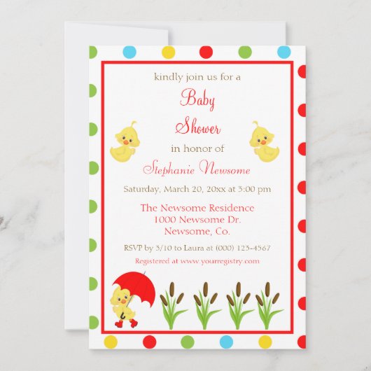 Helle und farbenfrohe Polka Dots Babydusche Einladung (Vorderseite)