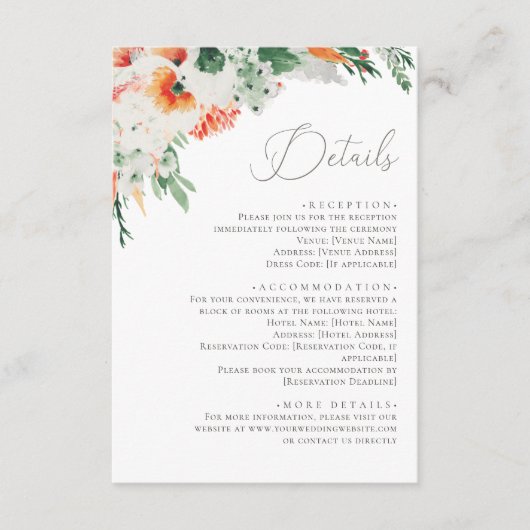 Helle und fette Orange Wildblume Hochzeitdetails Begleitkarte (Vorderseite)