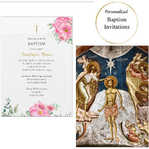 Helle und fröhliche rosa Blumen orthodoxe Taufe Einladung