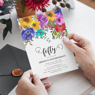 Helle und kühne Florals zum 50. Geburtstag Einladung