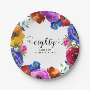 Helle und kühne Florals zum 80. Geburtstag Pappteller