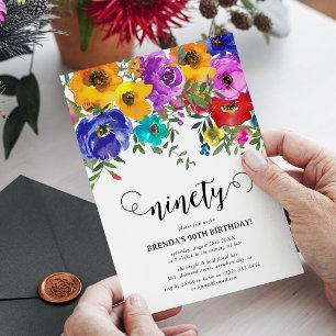 Helle und kühne Florals zum 90. Geburtstag Einladung