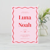 Helle und kühne rosa und rote Hochzeit Einladung (Stehend Vorderseite)