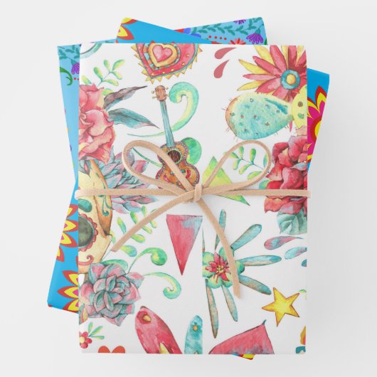 Helle und lustige Fiesta Farben mit Zuckerschädeln Geschenkpapier Set (Beispiel)