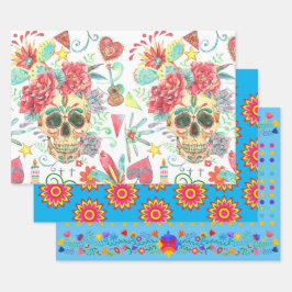 Helle und lustige Fiesta Farben mit Zuckerschädeln Geschenkpapier Set