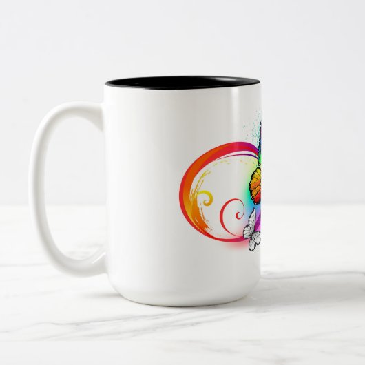 Helle Unendlichkeit mit Regenbogenschmetterling Zweifarbige Tasse (Links)