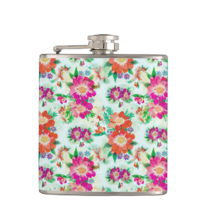 Helle Vintage-Blumen Rosa und Rote Blüten Flachmann