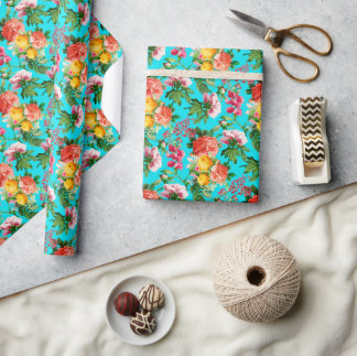 HELLE VINTAGE BLUMENBLUMEN AUF AQUA GESCHENKPAPIER