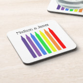 Helle Wachskrammen in Regenbogenfarben, Ihr Name Getränkeuntersetzer (Linke Seite)